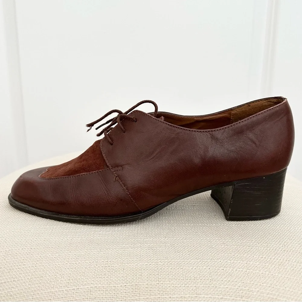 Vintage Brown Suede Leather Heeled Loafer Shoes- Preppy Collegiate Fall Office